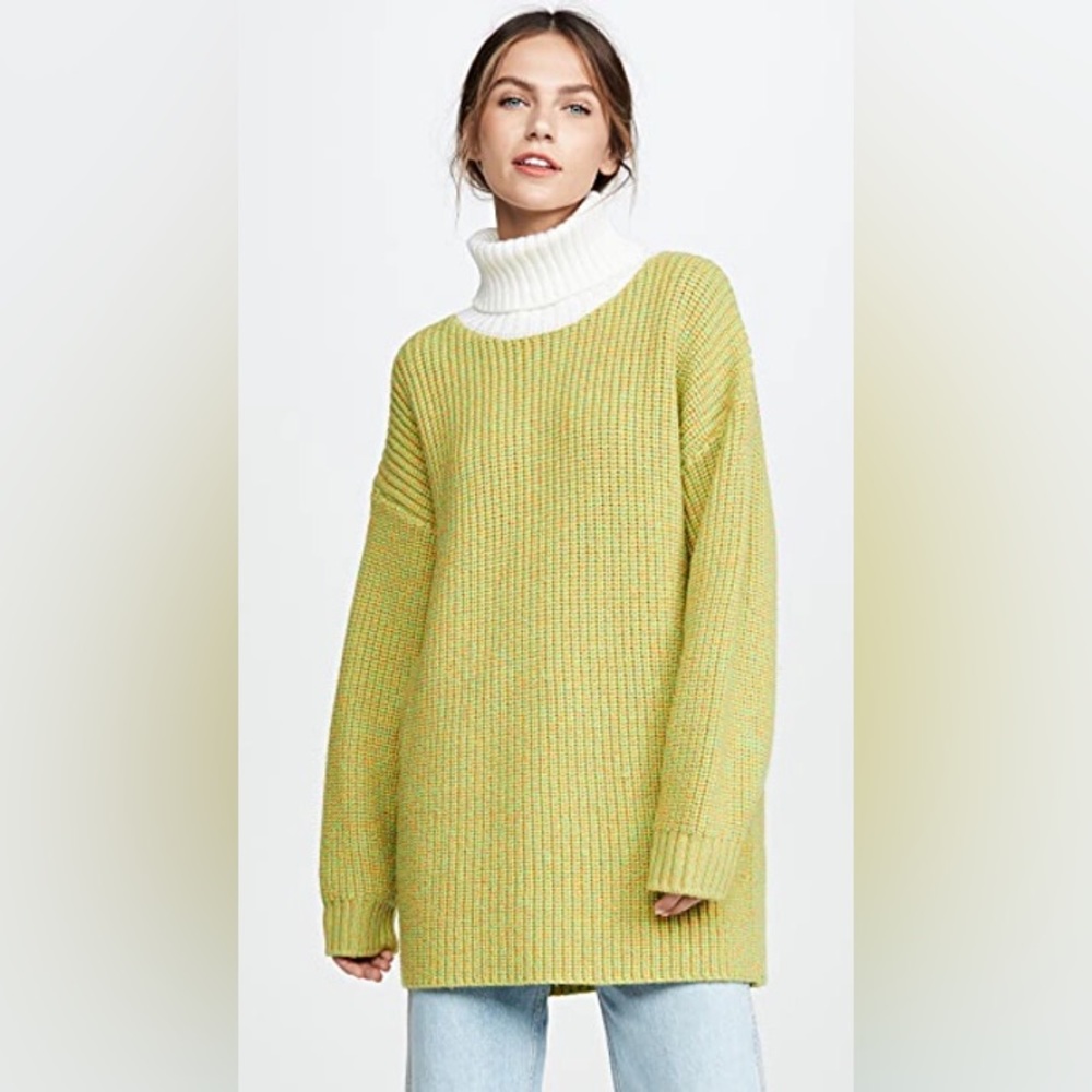 TIBI 100% merino wool lime yellow contrast rolled turtleneck sweater